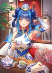  1girl arm_up armpits bangs blue_eyes blurry blurry_foreground blush breasts bunny cake chibi_vanille cup detached_sleeves double_bun eyebrows_visible_through_hair food hair_ornament hand_up highres holding holding_cup indoors lamp large_breasts league_of_legends looking_at_viewer lux_(league_of_legends) medium_hair mug open_mouth plate porcelain porcelain_lux shiny shiny_hair sitting smile solo sparkle tea 