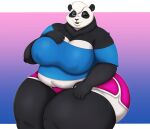  2022 anthro belly big_breasts blue_clothing blue_shirt blue_topwear bottomwear breasts chubby_anthro chubby_female cleavage clothed clothing female front_view giant_panda gillpanda_(character) half-closed_eyes hand_on_breast hand_on_leg mammal narrowed_eyes navel nipple_outline one_eye_closed open_mouth overweight overweight_anthro overweight_female pink_bottomwear pink_clothing pink_shorts shirt shorts sitting slightly_chubby solo topwear ursid wink zieis 