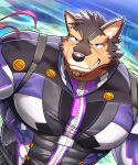  anthro bodysuit brown_body brown_fur canid canine canis clothing domestic_dog eyebrows fur grin lifewonders live-a-hero male mammal mono_g pecs pubraseer purple_eyes skinsuit smile superhero thick_eyebrows tight_clothing video_games 