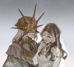  1boy 1girl brother_and_sister brown_hair closed_eyes company_captain_yorshka covered_eyes dark_souls_(series) dark_souls_i dark_souls_iii dark_sun_gwyndolin gold_trim helmet_over_eyes long_hair raki0v0 robe siblings smile veil 