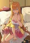 1girl bare_legs bare_shoulders bed bedside blue_eyes blush braid breasts camisole choker cleavage closed_mouth coat collarbone covered_nipples dress finger_to_mouth highres icarus_(632247131) indoors large_breasts leaning_to_the_side long_hair looking_at_viewer no_bra orange_hair pecorine_(princess_connect!) pillow princess_connect! short_dress sitting solo tareme tissue_box very_long_hair 