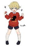  1boy bangs black_shorts child full_body hair_between_eyes holding holding_poke_ball kneehighs long_sleeves looking_at_viewer male_focus open_mouth poke_ball pokemon pokemon_(game) pokemon_swsh red_sweater shorts simple_background solo sparkle standing sweater white_background white_legwear yoruhachi youngster_(pokemon) 