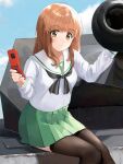  1girl absurdres bangs black_legwear black_neckerchief blouse blue_sky blunt_bangs brown_eyes brown_hair cannon cellphone cloud eyebrows_visible_through_hair flip_phone girls_und_panzer green_skirt ground_vehicle highres holding holding_phone long_hair long_sleeves military military_vehicle miniskirt motor_vehicle neckerchief nighttsound ooarai_school_uniform outdoors phone pleated_skirt sailor_collar school_uniform sitting skirt sky smile solo takebe_saori tank thighhighs white_blouse white_sailor_collar 