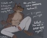  anthro bodily_fluids bottomwear canid canine canis clothed clothing compliment dialogue dreamworks english_text erection fanofthefurr genitals good_boy male mammal mr._wolf_(the_bad_guys) nipples open_bottomwear open_clothing open_mouth open_pants pants pants_only penis simple_background sitting solo sweat sweatdrop tail_motion tailwag text the_bad_guys topless unseen_character wolf 