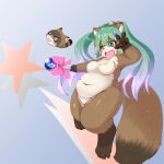  1:1 2022 4_fingers 4_toes anthro anthro_focus belly blush bodily_fluids breasts brown_body brown_fur canid canine claws conohacoconoka cute_fangs dipstick_ears dipstick_tail duo featureless_breasts featureless_crotch feet female female_focus finger_claws fingers fur gloves_(marking) green_eyes green_hair hair hi_res holding_object kemono leg_markings mammal markings multicolored_body multicolored_ears multicolored_fur multicolored_hair multicolored_tail navel nude open_mouth overweight overweight_anthro overweight_female pawpads pink_hair pose raccoon_dog socks_(marking) solo_focus sweat sweatdrop tail_markings tan_body tan_fur tanuki thick_thighs toe_claws toes tongue twintails_(hairstyle) white_body white_fur wide_hips 