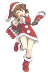  1girl ;d bangs binoculars boots brown_eyes brown_hair christmas commentary_request dress full_body fur-trimmed_dress fur_trim hat headgear heart heart_hands highres kantai_collection leg_up long_sleeves looking_at_viewer one_eye_closed open_mouth panties pantyshot red_dress red_footwear red_headwear rigging santa_boots santa_dress santa_hat short_dress short_hair simple_background smile solo standing standing_on_one_leg tewarusa torpedo_tubes underwear white_background white_panties yukikaze_(kancolle) 