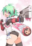  1girl aiming ass azure_striker_gunvolt_2 bangs black_legwear blue_eyes clenched_hand commentary_request cougar_(cougar1404) cowboy_shot energy_gun foreshortening from_side gloves green_hair grey_leotard gun gunvolt_chronicles_luminous_avenger_ix headgear holding holding_gun holding_weapon leotard looking_at_viewer looking_back open_mouth red_gloves roro_(gunvolt) short_hair smile solo standing thighhighs weapon 