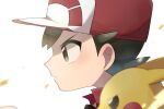  1boy baseball_cap blurry blush brown_hair chase_(pokemon) commentary_request from_side hachi_(hachi_sin) hat male_focus parted_lips pikachu pokemon pokemon_(creature) pokemon_(game) pokemon_lgpe red_headwear red_shirt shirt short_hair upper_body white_background 