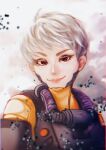  1girl apex_legends bangs bodysuit brown_eyes cloud grey_hair hair_behind_ear head_tilt highres kuwatoro looking_at_viewer orange_bodysuit portrait short_hair smile solo v-shaped_eyebrows valkyrie_(apex_legends) 