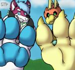  absurd_res anthro avian bird canid canine canis cloud duo feet grass hi_res looking_at_viewer looming macro male male/male mammal micro paws planet plant smile smirk soles viraxe wolf wolftical wolftical(artist) 