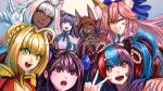  6+girls :d :o ahoge animal_ear_fluff animal_ears arm_up bangs blonde_hair blue_eyes blue_hair braid brown_eyes caenis_(fate) character_request commentary_request crown_braid dark-skinned_female dark_skin double_bun ears_through_headwear epaulettes fate/grand_order fate_(series) fox_ears gloves green_eyes grin hair_between_eyes hair_bun hair_cones highres hood hood_up long_hair looking_at_viewer multicolored_hair multiple_girls nero_claudius_(fate) nero_claudius_(fate/extra) one_eye_covered pink_hair purple_hair red_eyes red_hair sei_shounagon_(fate) smile substance20 tamamo_(fate) tamamo_no_mae_(fate/extra) v white_gloves yang_guifei_(fate) yellow_eyes 