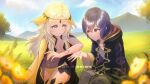  2girls acrylicstroke black_hair blonde_hair branded cape cloak cousins covered_navel fire_emblem fire_emblem_awakening fire_emblem_fates grey_eyes highres hood hooded_cloak long_hair morgan_(fire_emblem) morgan_(fire_emblem)_(female) mountainous_horizon multiple_girls ophelia_(fire_emblem) outdoors panties short_hair underwear yellow_panties 