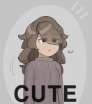  1girl bangs brown_eyes brown_hair commentary_request english_text eyebrows_visible_through_hair eyes_visible_through_hair grey_background highres korean_commentary long_hair long_sleeves oddsnail open_mouth original simple_background solo sweater 