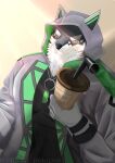  anthro beverage black_and_white_fur canid canine canis clothing coffee coffee_cup container cup domestic_dog green_eyes hi_res hoodie husky jewelry kidora_pokipoki lifewonders live-a-hero male mammal monomasa muscular muscular_anthro muscular_male necklace nordic_sled_dog red_sclera solo spitz topwear video_games 