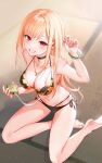  1girl arm_up armpits bare_shoulders barefoot bead_bracelet beads bikini black_bikini black_choker blonde_hair bracelet breasts choker cleavage collarbone ear_piercing earrings floral_print grin halterneck highres holding jewelry kh_(kh_1128) kitagawa_marin large_breasts long_hair looking_at_viewer multi-strapped_bikini navel necklace piercing print_bikini red_eyes side-tie_bikini sitting smile solo sono_bisque_doll_wa_koi_wo_suru stomach string_bikini swimsuit tape_measure thighs yokozuwari 