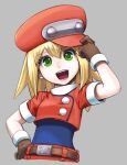  1girl belt blonde_hair brown_gloves cabbie_hat cropped_jacket gloves green_eyes hat highres jacket long_hair looking_at_viewer maruta_kentarou mega_man_(series) mega_man_legends open_mouth red_headwear red_jacket roll_caskett_(mega_man) simple_background smile solo 