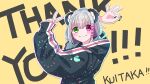  1girl animal_ears artist_name black_jacket blush cyberlive from_side goodbye_sengen_(vocaloid) green_eyes heterochromia jacket kuitaka looking_at_viewer low_twintails ok_sign panda_ears panda_girl purple_eyes smile solo twintails utano_pandora v v-shaped_eyebrows virtual_youtuber 