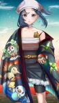  1girl akari_(pokemon) bike_shorts black_hair character_print closed_mouth cloud coat collarbone commentary_request cyndaquil day eyelashes floating_hair grey_eyes head_scarf highres holding holding_poke_ball leaves_in_wind long_hair looking_at_viewer off_shoulder oshawott outdoors poke_ball poke_ball_(legends) pokemon pokemon_(game) pokemon_legends:_arceus ponytail rowlet sash setta_shu sidelocks skirt sky standing white_headwear 