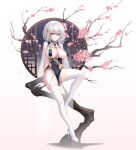  1girl absurdres azur_lane braid branch breast_curtains breasts cherry_blossoms china_dress chinese_clothes covered_navel dress eyebrows_visible_through_hair full_body garter_straps gloves grey_dress half_gloves high_heels highres large_breasts looking_at_viewer medium_hair official_alternate_costume pelvic_curtain pink_background red_eyes revealing_clothes ribbon_between_breasts see-through_sleeves side_braid simple_background sirius_(azur_lane) sirius_(azure_horizons)_(azur_lane) skindentation solo two-tone_leotard white_footwear white_gloves white_hair white_legwear zeukiar 