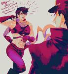  2boys absurdres age_regression amuii artist_name battle_tendency chain crop_top english_text fingerless_gloves gakuran gloves grandfather_and_grandson hat highres jojo_no_kimyou_na_bouken joseph_joestar joseph_joestar_(young) kujo_jotaro long_coat male_focus midriff multiple_boys muted_color one_eye_closed pointing pointing_at_self scarf school_uniform stardust_crusaders typo younger 