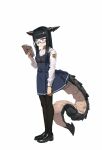  1girl bangs black_footwear black_hair blunt_bangs book commentary_request full_body glasses highres holding holding_book horns lizard_tail long_hair monster_girl original purple_eyes reading rias-coast school_uniform shoes simple_background solo tail thighhighs white_background 