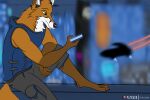  absurd_res anthro arm_on_leg blurred_background bottomwear canid canine clothing distracted fenn_(olliefoxx) flying_car fox fur green_eyes headphones hi_res looking_at_object looking_at_phone male mammal olliefoxx orange_body orange_fur phone relaxing shorts sitting sleeveless_hoodie solo 