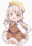 1girl belt blush brown_belt brown_dress character_request dress granblue_fantasy green_eyes grey_background harvin highres jingai_modoki long_hair long_sleeves looking_at_viewer open_mouth plaid plaid_dress ponytail simple_background smile solo twitter_username white_hair 