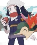  1girl akari_(pokemon) black_hair black_shirt closed_mouth commentary_request cyndaquil eyelashes grey_eyes grey_jacket grey_skirt head_scarf highres holding holding_poke_ball jacket long_hair nao_(naaa_195) pantyhose poke_ball poke_ball_(legends) pokemon pokemon_(creature) pokemon_(game) pokemon_legends:_arceus red_scarf sash scarf shirt sidelocks skirt smile split_mouth white_headwear 