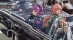  1boy 2girls absurdres bangs bell_sleeves blue_eyes blunt_bangs blurry blurry_background car carcano_m1891_(girls&#039;_frontline) carcano_m91/38_(girls&#039;_frontline) convertible cosplay eyebrows_visible_through_hair girls&#039;_frontline gloves ground_vehicle highres historical_event john_f._kennedy john_f._kennedy_(cosplay) long_hair looking_to_the_side military military_uniform motor_vehicle multiple_girls photo-referenced pink_hair ponytail purple_gloves purple_hair sawkm short_hair sitting smile tied_hair uniform white_hair yegor_(girls&#039;_frontline) 
