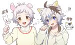  2boys ahoge animal animal_ear_fluff animal_ears bangs blue_eyes blush bug butterfly cat cat_boy cat_ears commentary_request dog dog_boy dog_ears fang hood hood_down jacket long_sleeves looking_at_viewer male_focus multicolored_hair multiple_boys okamoto_tama open_mouth paw_print simple_background streaked_hair sweater uchi_no_tama_shirimasen_ka? upper_body white_background white_hair yamada_pochi yellow_eyes yoruhachi 
