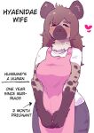  &lt;3 anthro apron blush brown_body brown_fur brown_hair clothing digit_ring edit english_text female fur hair hard_translated hyaenid jewelry kemokin_mania looking_at_viewer mammal ring simple_background smile solo spots spotted_hyena standing text translated wedding_ring 