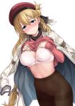  1girl agnes_claudel asymmetrical_hair beret black_legwear blonde_hair blush bra braid breasts coat coat_on_shoulders eiyuu_densetsu hakuleg hands_on_own_chest hat kuro_no_kiseki large_breasts lifted_by_self long_hair long_sleeves looking_at_viewer nose_blush panties panties_under_pantyhose pantyhose pink_sweater red_headwear ribbed_sweater side_bun simple_background solo sweater thighband_pantyhose underwear very_long_hair white_background white_bra white_coat 