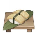  artist_request commentary cutting_board english_commentary food food_focus genshin_impact leaf lowres muted_color no_humans official_art omelet rice still_life sushi tamagoyaki third-party_source transparent_background 