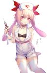  1boy animal_ears ansel_(arknights) arknights bandaged_arm bandages bandaid bandaid_on_arm bangs blush choker crossdressing garter_straps hair_ribbon hat heart heart_choker holding holding_syringe invisible_chair looking_at_viewer male_focus nurse_cap otoko_no_ko parted_lips pink_choker pink_eyes rabbit_boy rabbit_ears red_ribbon ribbon simple_background sitting solo sweat syringe thighhighs white_background white_legwear yoruhachi 