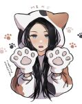  1girl animal_ears animal_hands animal_hood animal_print bangs black_hair blue_eyes blush brown_hoodie cat_hood cat_paws commentary_request cropped_torso eyebrows_visible_through_hair fake_animal_ears gloves hands_up highres hood hood_up hoodie long_hair long_sleeves looking_at_viewer open_mouth parted_bangs paw_gloves paw_print paw_print_background print_hoodie shoujo_kageki_revue_starlight solo sweatdrop tareko translation_request upper_body white_background white_gloves white_hoodie yakumo_kyouko 