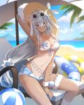  1girl absurdres bangs bikini breasts highres long_hair looking_at_viewer lucia_(punishing:_gray_raven) lucia_s_crimson_abyss punishing:_gray_raven red_eyes solo swimsuit white_hair 