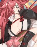  1girl amputee arm_guards baiken big_hair black_jacket breasts cleavage eyepatch guilty_gear highres in_mouth jacket jacket_on_shoulders japanese_clothes kataginu kimono large_breasts long_hair multicolored_clothes multicolored_kimono one-eyed open_clothes open_kimono pink_hair ponytail red_eyes samurai sarashi scar scar_across_eye scar_on_face very_long_hair wasadi 
