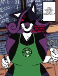  absurd_res angry anthro apron big_breasts bijou_(bunbijou) breasts canid canine canis clothing cross-popping_vein dialogue ears_down female hi_res mammal pivoted_ears solo starbucks starbucks_meme wolf 
