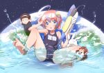  1boy 2girls ahoge animal arm_up bare_arms bare_legs bare_shoulders barefoot black_shirt black_swimsuit blue_eyes blue_hair brown_hair bunny chibi commentary_request earth_(planet) goggles goggles_on_head green_shorts holding multicolored_hair multiple_girls muu_rian old_school_swimsuit one-piece_swimsuit original parted_lips planet red-framed_eyewear school_swimsuit semi-rimless_eyewear shirt short_shorts short_sleeves shorts streaked_hair swimsuit under-rim_eyewear water water_gun white_shirt 