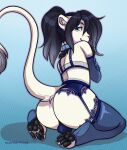  absurd_res anthro blizzie_(blizziethelion) blue_eyes blue_hair butt clothed clothing collar felid fur girly hair hi_res lingerie lion looking_at_viewer male mammal pantherine pawpads pinup pose raised_tail scarlet-frost sitting skimpy solo white_body white_fur 