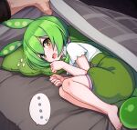  ... 1boy 1girl animal_ears barefoot blanket blush flying_sweatdrops green_hair green_shorts looking_at_viewer lying null_(nyanpyoun) on_side open_mouth pillow pov pov_hands shirt short_sleeves shorts solo_focus spoken_ellipsis suspender_shorts suspenders voiceroid white_shirt yellow_eyes zundamon 
