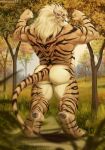  anthro back_muscles black_body black_fur black_nose blonde_hair blue_eyes butt charr fangs felid forest fur guild_wars hair hi_res horn kokosetto looking_at_viewer male mammal muscular plant pose smile tail_tuft tree tuft video_games yellow_body yellow_fur 