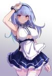  1girl anchor_choker apron arm_up azur_lane bangs blue_hair blush breasts choker clothing_cutout commentary_request dido_(azur_lane) eyebrows_visible_through_hair frills gradient gradient_background hairband large_breasts long_hair looking_at_viewer purple_eyes simple_background sleeveless solo thighhighs underboob underboob_cutout waist_apron white_apron white_legwear yoruhachi 