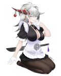  1girl absurdres apron asymmetrical_horns azur_lane between_breasts black_dress black_legwear black_necktie breasts center_opening dress earrings finger_to_mouth gloves grey_eyes hair_between_eyes hair_on_horn hakuryuu_(azur_lane) hakuryuu_(slice_dice_and_serve)_(azur_lane) half_gloves highres horns jewelry large_breasts long_hair looking_at_viewer maid_headdress multiple_horns necktie necktie_between_breasts no_shoes official_alternate_costume pantyhose puffy_short_sleeves puffy_sleeves red_horns short_dress short_sleeves silver_hair simple_background soles solo sword sword_behind_back weapon white_apron white_background white_gloves white_horns zi_ge_cai_qu 