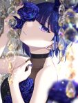  1girl bangs bare_shoulders black_choker blue_flower blue_rose blunt_bangs blurry blurry_foreground bokeh choker collarbone commentary_request dark_blue_hair depth_of_field ear_piercing eyelashes flower gem hand_on_own_chest hand_up head_tilt highres jenevan looking_at_viewer nail_polish one_eye_covered original parted_lips piercing purple_eyes purple_flower purple_hair purple_rose rose shaded_face short_hair solo sparkle upper_body 