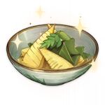  artist_request bamboo_shoot bowl commentary english_commentary food food_focus garnish genshin_impact leaf lowres no_humans official_art seaweed soup sparkle still_life third-party_source transparent_background 