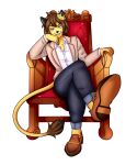  absurd_res anthro blue_eyes bottomwear chair clothed clothing crown damoart denim denim_clothing fur furniture hi_res jeans loafers male pants pawpads paws shirt sitting solo tail_tuft throne topwear tuft vanta yellow_body yellow_fur 