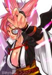  1girl arm_guards arm_up baiken breasts cleavage closed_mouth collarbone eyepatch facial_mark guilty_gear guilty_gear_strive japanese_clothes kimono large_breasts looking_at_viewer open_clothes open_kimono pink_hair ponytail red_eyes sash scar scar_across_eye scar_on_face simple_background smile solo tied_hair tsuna_(akmu8832) twitter_username upper_body white_background wide_sleeves yellow_sash 