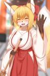  1girl :3 ^_^ animal_ears animal_nose blonde_hair blue_eyes blush bow breasts broom cleavage closed_eyes commentary cowboy_shot eyebrows_visible_through_hair fangs fox_ears fox_tail furry furry_female hair_bow highres horokusa_(korai) japanese_clothes large_breasts looking_at_viewer medium_hair miko motion_lines open_mouth original red_bow smile standing tail thick_eyebrows tongue waving white_fur yellow_fur 