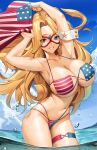  1girl american_flag american_flag_bikini armband armpits arms_up bangs bikini blonde_hair blue_eyes blue_sky breasts cloud collarbone commentary commission day english_commentary eye_mask eyes_visible_through_hair flag_print grin highres kamen_america kamen_america_(comic) large_breasts long_hair looking_at_viewer navel outdoors parted_bangs partially_underwater_shot pinup_(style) sky smile solo star_(symbol) swimsuit thigh_strap tony_guisado wading water water_drop 